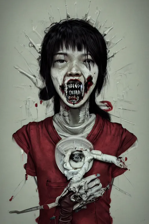 Image similar to cartoon grunge portrait of a creepy horror nurse girl . intricate abstract. intricate artwork. nightmare fuel. terrifying. by Tooth Wu, wlop, dan mumford , trending on artstation, greg rutkowski very coherent symmetrical artwork. cinematic, hyper realism, high detail, octane render, 8k