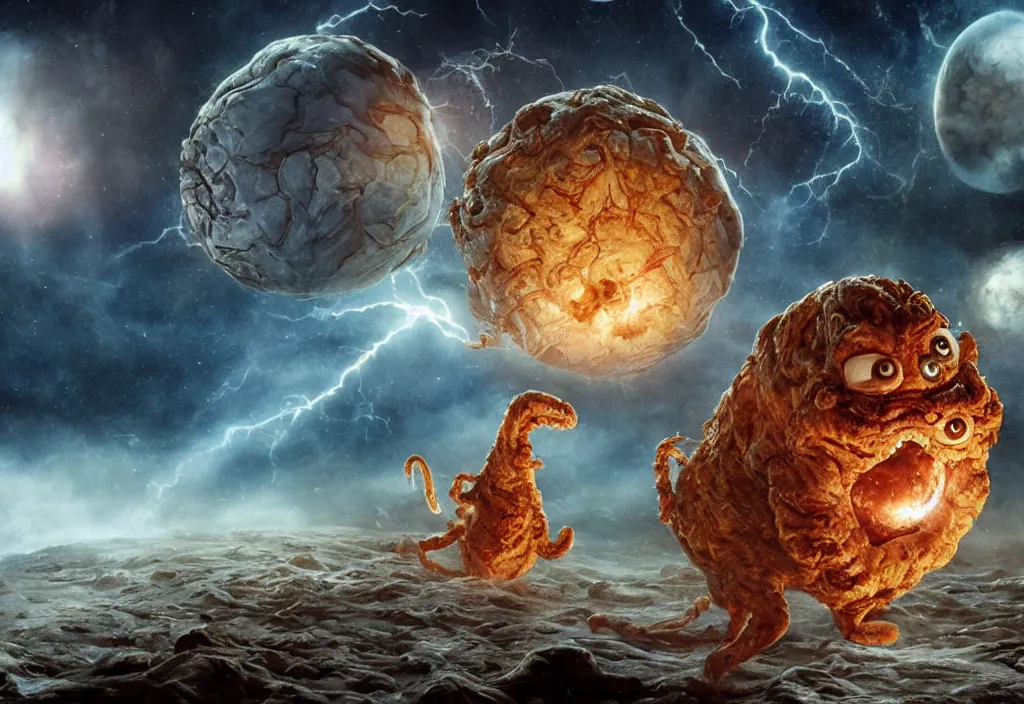 Image similar to eldritch horror bloody garfield in space, hd, 8 k, giant, epic, realistic photo, unreal engine, prophecy, powerful, cinematic lighting, destroyed planet, debris, violent, sinister, ray tracing, dynamic, epic composition, dark, horrific, teeth, grotesque, monochrome drawing, hellscape, corpses, foreboding, lightning, garfield cartoon eyes