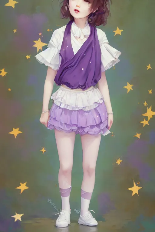 Image similar to Full View portrait of Eunha from Viviz and gFriend with short hair wearin purple overall shorts, short puffy pants, white tights covered in stars, Golden Ribbon, and a billowy scarf making a cute pose. masterpiece 4k digital illustration by Ruan Jia and Mandy Jurgens and Artgerm and greg rutkowski, award winning, Artstation, art nouveau aesthetic, Alphonse Mucha background, intricate details, realistic, panoramic view, Hyperdetailed, 8k resolution, intricate art nouveau