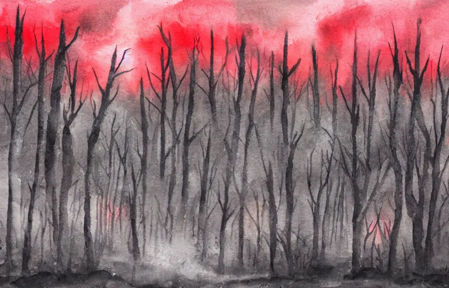 Image similar to graveyard in a dark and gloomy forest and red stream, dark gray sky with red rain, watercolor painting