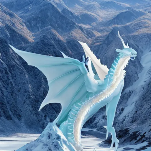 Prompt: ice dragon flying over a mountain