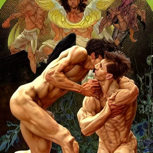 Image similar to slim and muscular angels wrestling with demons, hyper realistic, digital painting. art station. mood lighting, highly detailed, concept art, intricate, sharp focus, by shaun berke and alphonse mucha, milo manara - h 1 2 0 0