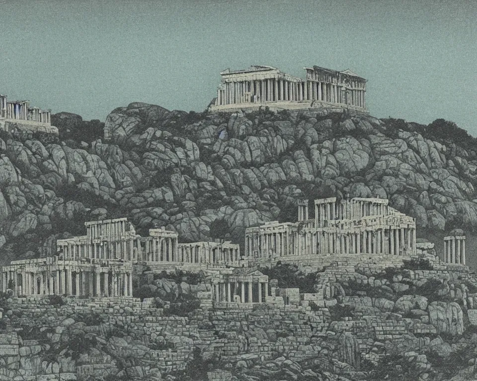 Prompt: achingly beautiful print of the Acropolis in Athens bathed in moonlight by Hasui Kawase and Lyonel Feininger.