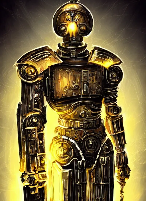 Prompt: full body, dynamic attack position abstract portrait of a intricate glorious holy mechanical warforged character in yellow armor holding a paladin engraved great longsword drawn and carrying a big paladin shield, glowing!!!! eye!!!!!, face in focus, pit droid, epic , trending on ArtStation, masterpiece, cinematic lighting, by Ross Tran and by Greg Rutkowski