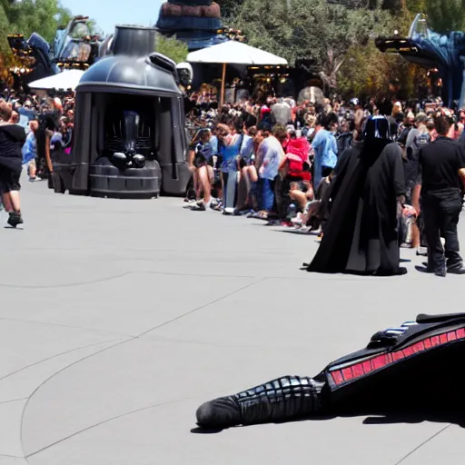 Image similar to darth vader trips and falls down in front of a crowd in star wars land at disneyland, real life, high quality photo