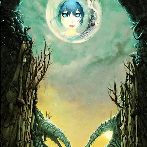 Prompt: gate portal with another world visible inside style studio ghibli and Gerald Brom, pixies flyng, dreamy, mystical, dark, fantasy