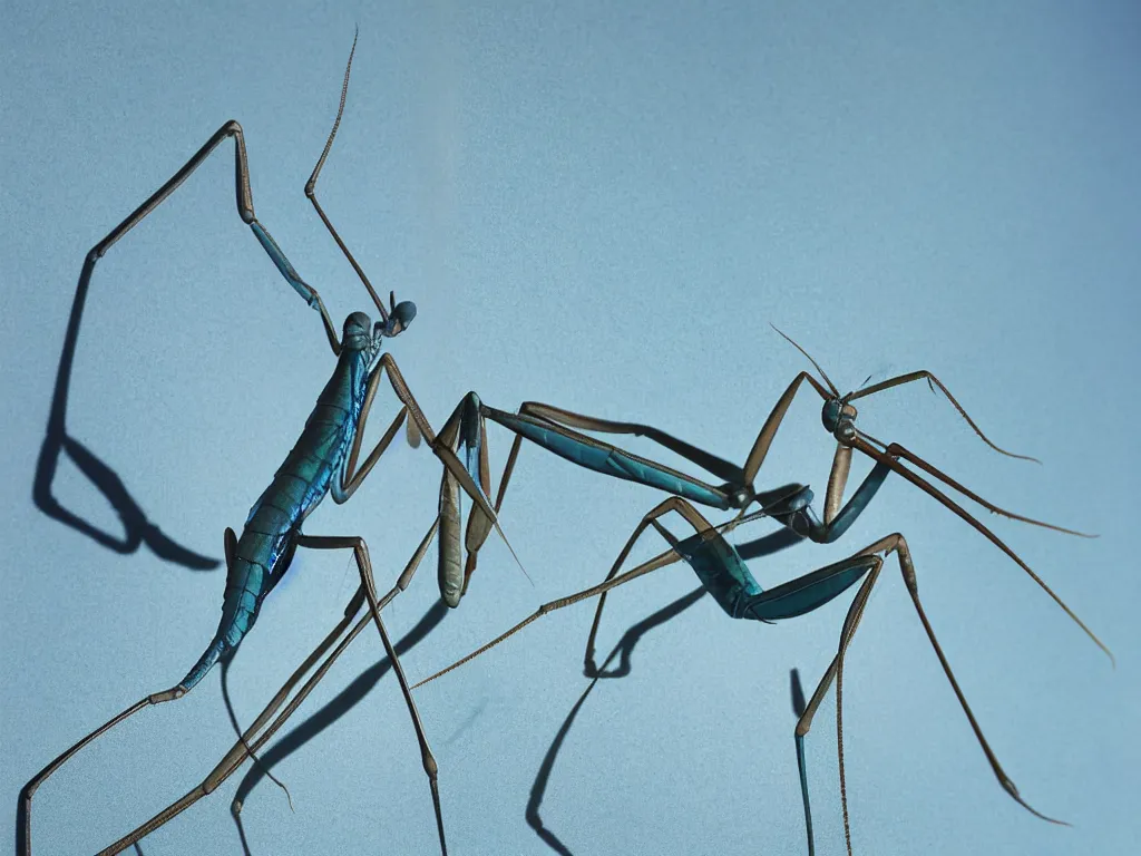 Prompt: close - up macro shot of a blue praying mantis. orchid mantis standing. complementary color scheme. subsurface scattering, translucency, backlit, diffused, smooth. studio photography high quality highly detailed award winning photograph by national geographic, by slim aarons. ( sculpture by antonio canova )