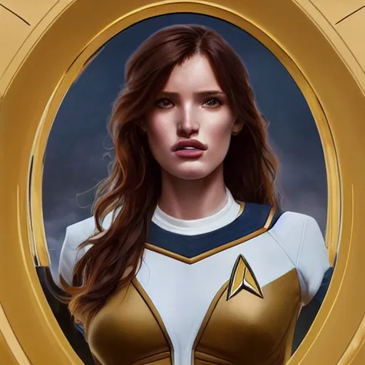 Image similar to ultra realistic illustration, bella thorne as captain wearing star trek uniform, intricate, elegant, highly detailed, digital painting, artstation, concept art, smooth, sharp focus, illustration, art by artgerm and greg rutkowski and alphonse mucha