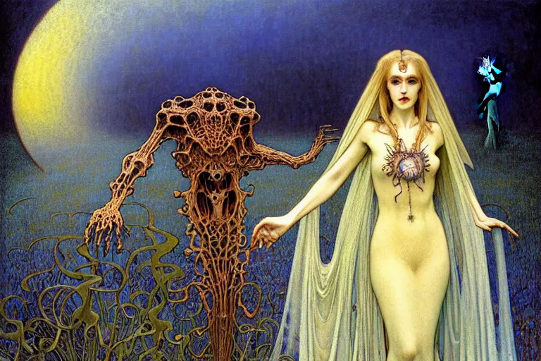 Image similar to realistic detailed portrait painting of a beautiful ghost woman with a male zombie, nightly graveyard landscape background by Jean Delville, Amano, Yves Tanguy, Alphonse Mucha, Ernst Haeckel, Edward Robert Hughes, Roger Dean, rich moody colours, blue eyes