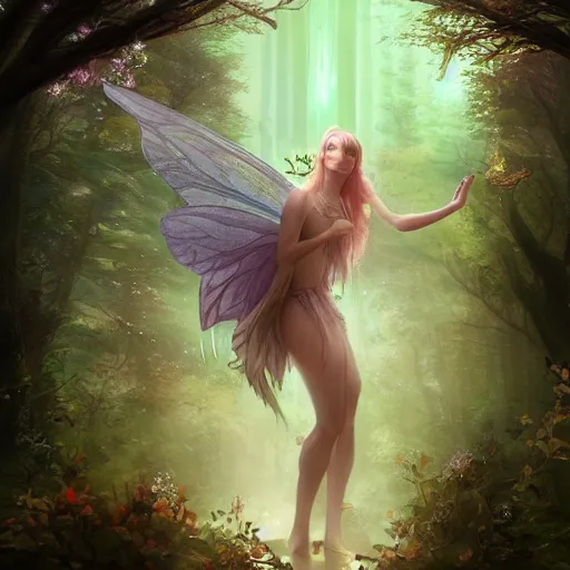 Image similar to a divine fairy druid forest goddess ascending into a new universe, in the style of wlop and vanessa lemen and charlie bowater, illustration, epic, fantasy, hyper detailed, unreal engine, ray tracing