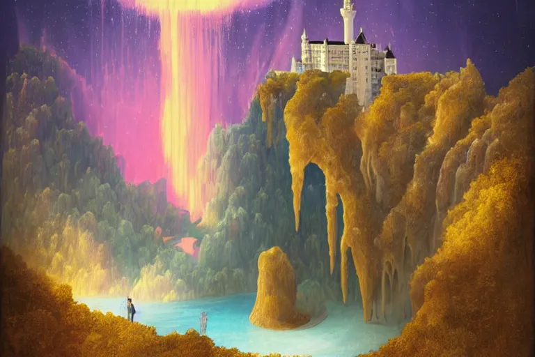 Image similar to neuschwanstein castle on pamukkale thermal waters flowing down gold travertine terraces in royal blue antelope canyon during sakura season on an interstellar aurora borealis with heavy thunder and lightning, pink waterfalls, by peter mohrbacher, james jean, james gilleard, greg rutkowski, vincent di fate, rule of thirds, beautiful landscape