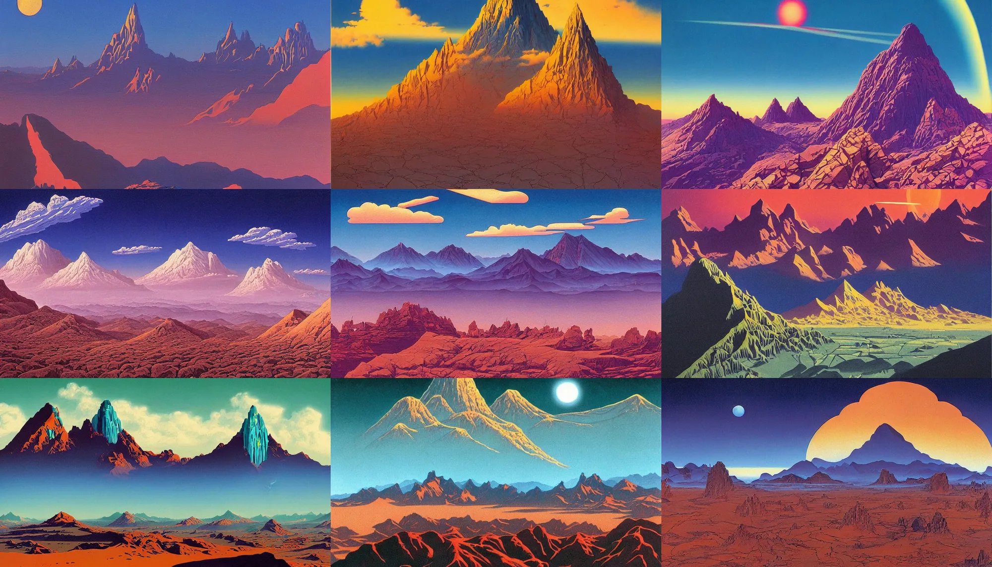 Prompt: beautiful painting of a beatiful scenic mountain range, retro tech, vaporwave, by Jean Giraud and Chesley Bonestell
