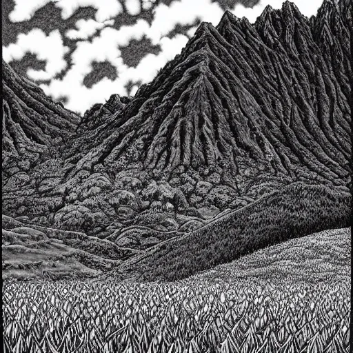 Image similar to Tall mountains, flower field by Kentaro Miura, highly detailed, black and white