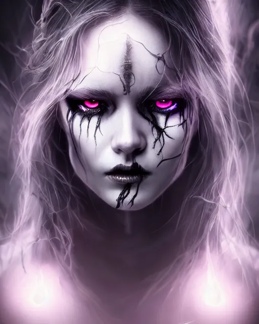Image similar to dreamy portrait of a beautiful female personification of death with black veins and glowing eyes, ultra realistic, highly detailed, hd, sharp focus, cinematic lighting, mood lighting, realistic, photorealistic, vivid colors, painting, photograph, digital art, non blurry, sharp, artstation, concept art, smooth, illustration