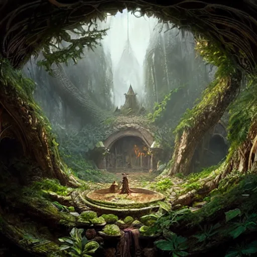 Image similar to worm's eye view of a elven headquarters carved inside a mountain above a arranged garden, neat and tidy, magical, natural light, fantasy, sharp focus, concept art, by greg rutkowski and craig mullins, cozy atmospheric