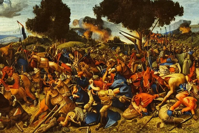 Prompt: a brutal war between medieval armies on Tuscany hills by Moretto da Brescia, close up, fire, oil painting