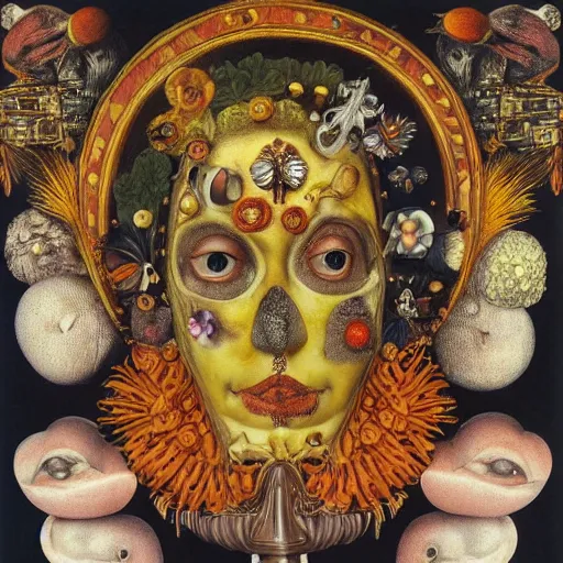 Prompt: album cover, religious reliquary, new age, black, white, orange, psychedelic, giuseppe arcimboldo