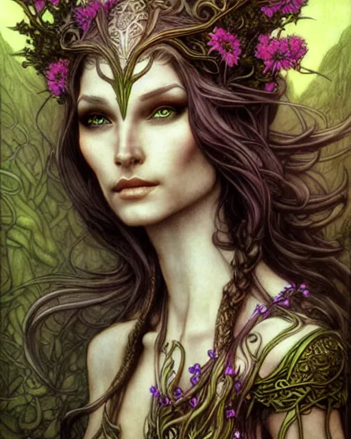 Image similar to elven woman, flowers in hair, fantasy character portrait, ultra realistic, concept art, intricate details, art nouveau, cinematic, highly detailed by boris vallejo, chris achilleos, arthur rackham