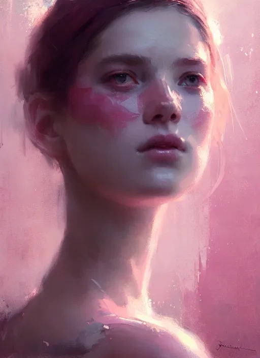 Image similar to portrait of a beautiful girl, shades of pink, beautiful face, rule of thirds, intricate outfit, spotlight, by greg rutkowski, by jeremy mann, digital painting