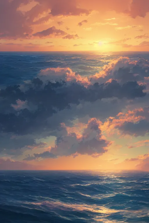 Prompt: a beautiful illustration of the ocean at sunrise by Makoto Shinkai