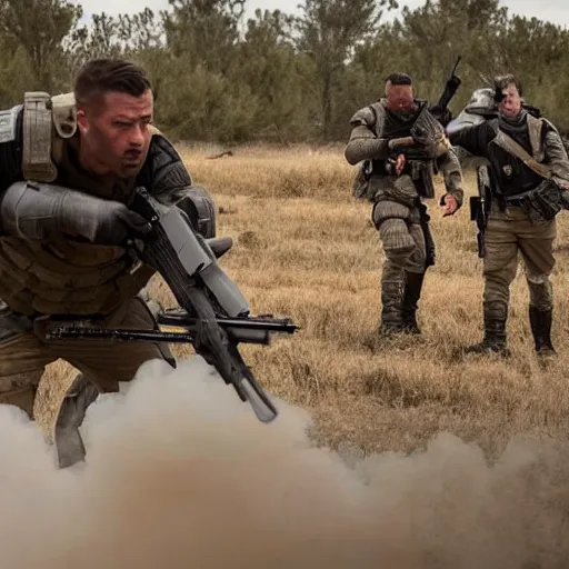 Image similar to modern mercenaries wearing grey body armor smoking shooting at hostiles in the midst of a bloody battle, photo by Adam Ferguson in 2022, Pulitzer Winning, cinematic composition, breathtaking, modern, 2022