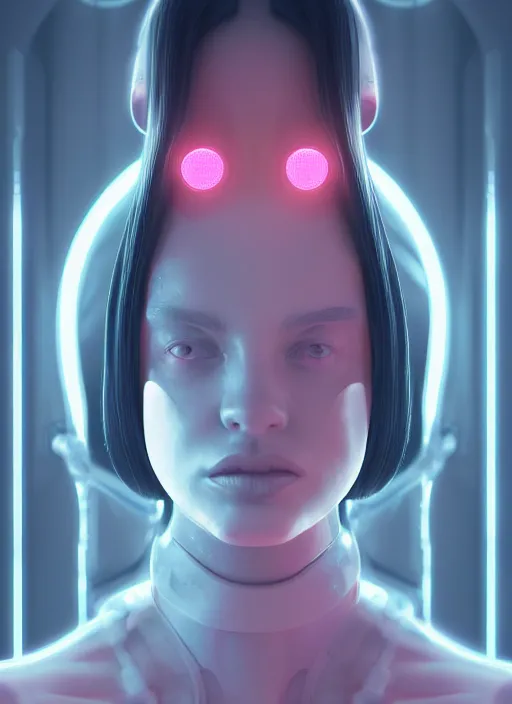 Image similar to white one cast futuristic biomechanics futuristic humanoid, beautiful face, female, futuristic, neon lights, cyberpunk, 8 k, digital painting, by beeple and makoto shinkai, trending on cg society, glamour pose, fashion photography, high fashion, canon r 3, photorealistic, hyper realistic, full body, wide angle shot