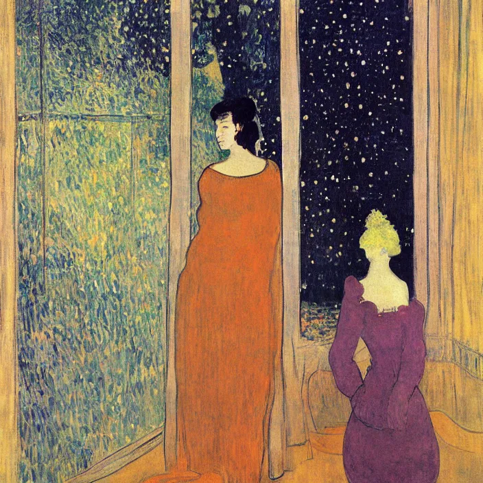 Prompt: sad woman and white cat with city with gothic cathedral and tall trees seen from a window frame with curtains. night with glowing stars with fireflies. mikalojus konstantinas ciurlionis, henri de toulouse - lautrec, utamaro, matisse, monet