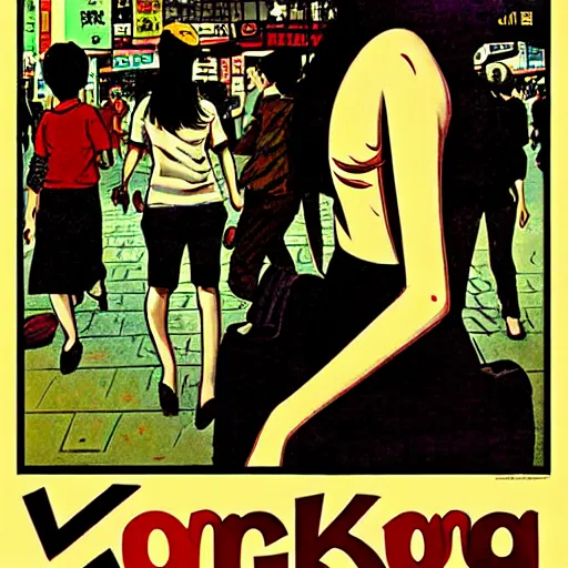 Prompt: glossy old advertising poster, young woman walking through crowded hong kong street, vendors, zombies, horror, drawn comic by junji ito, pastels, gradient