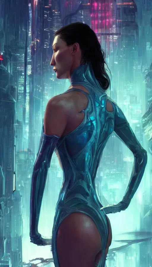 Image similar to altered carbon, young bella hadid, sweaty, tech, warhammer, neon, lord of the rings, intricate, surrealistic, story, highly detailed, digital painting, artstation, concept art, smooth, sharp focus, illustration, unreal engine 5, 8 k, art by artgerm and greg rutkowski and alphonse mucha