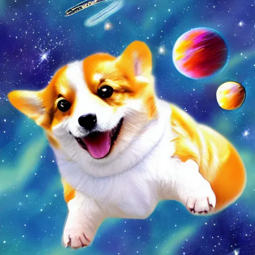 Prompt: corgi floating in space wearing a space suit, photorealism, cute, happy