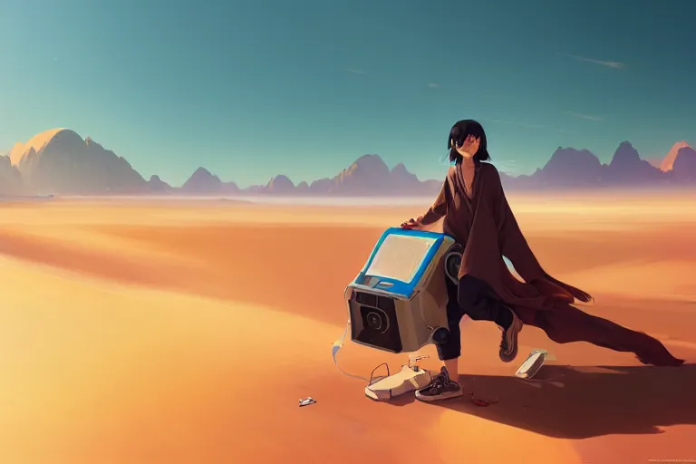 Prompt: computer programmer lost in the desert, dragging a broken computer, single subject, mountaineous background, scenic full shot, ambient lighting, detailed face, by makoto shinkai, stanley artgerm lau, wlop, rossdraws