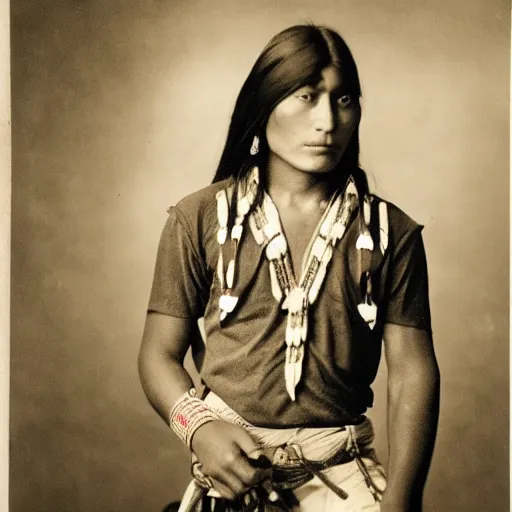 Prompt: young thin native American man wearing buckskin shirt