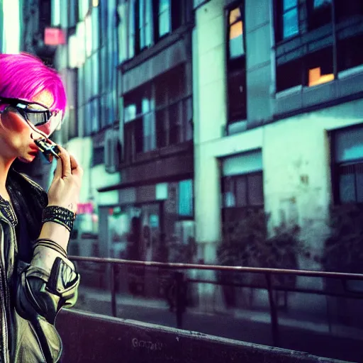 Prompt: cyberpunk woman in a city smoking a cigarette