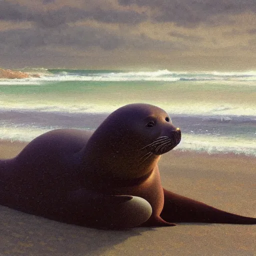 Image similar to a realistic oil painting of a selkie seal on the beach, at night with a sky full of stars, highly detailed, trending on artstation, by james gurney and michael whelan and krenz cushart and alphonse mucha