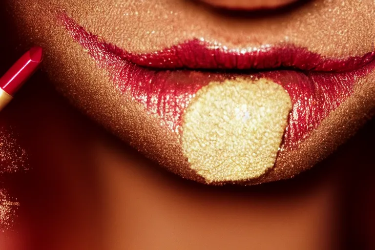 Image similar to photography, close-up of а woman\'s mouth with smeared lipstick , golden hour, 35mm, vintage, motion blur