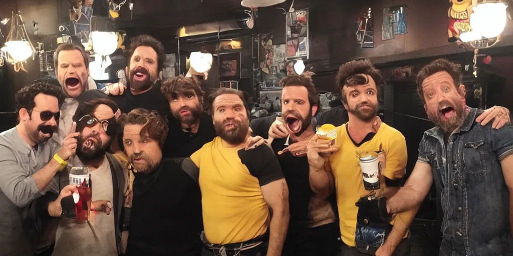 Image similar to the gang from Always Sunny in Philidelphia hanging out with the Minions at their bar, FX TV show, lenses, sitcom