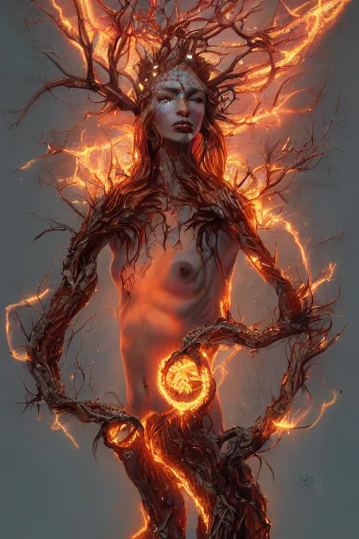 Image similar to torso closeup model wearing exploding fire crystal dress, rotten tree spirit dryad with a beautiful face, sorcerer, diamonds, angel, fantasy, dramatic lighting, highly detailed, digital painting, holding electricity, magic the gathering, hyper detailed, 3 d render, hyper realistic detailed portrait, peter mohrbacher, wlop, ruan jia