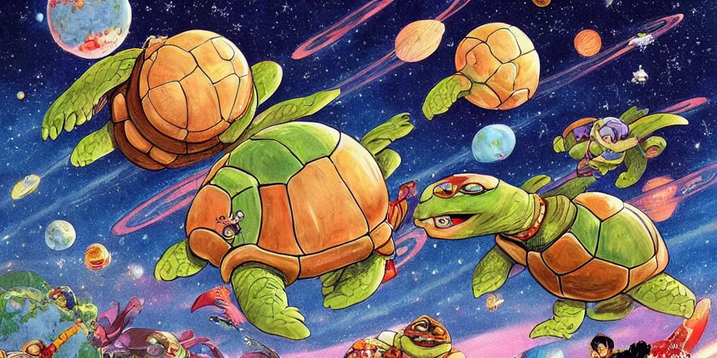 Prompt: 🐢🗺 great a'tuin flying through space carrying discworld by kirby