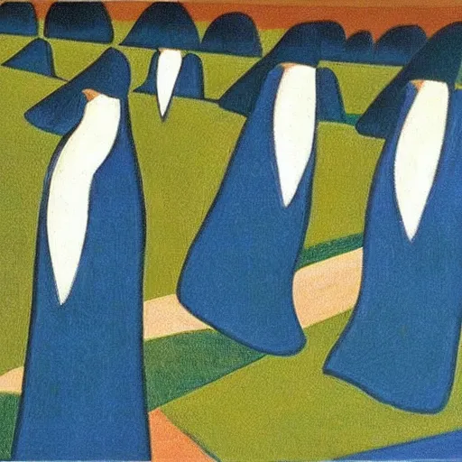 Prompt: nuns in a landscape, by giacomo balla