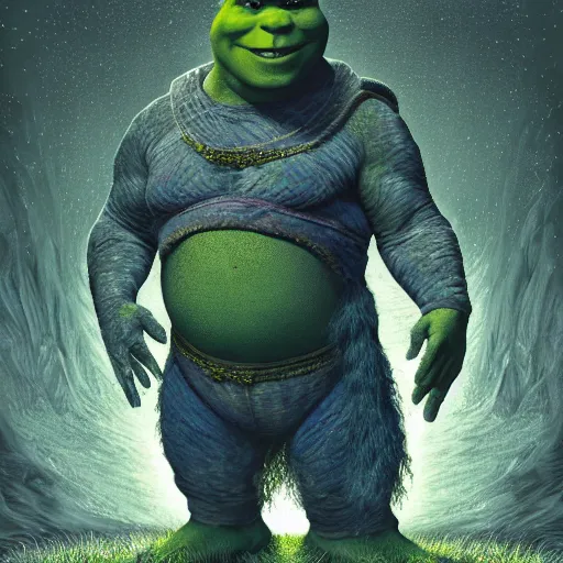 Image similar to photorealistic shrek in the style of michael whelan and gustave dore. hyperdetailed photorealism, 1 0 8 megapixels, fully clothed, lunar themed attire, amazing depth, glowing rich colors, powerful imagery, psychedelic overtones, 3 d finalrender, 3 d shading, cinematic lighting, artstation concept art