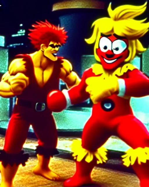 Image similar to wendy's mascot wendy thomas fights ronald mcdonald, movie still, from the movie street fighter, 8 k, realistic