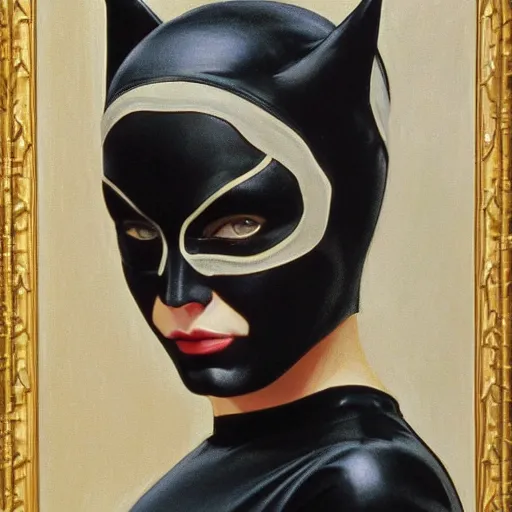 Image similar to Painting of Madonna as Catwoman from Batman Returns. Art by william adolphe bouguereau. Extremely detailed. Beautiful. 4K. Award winning.