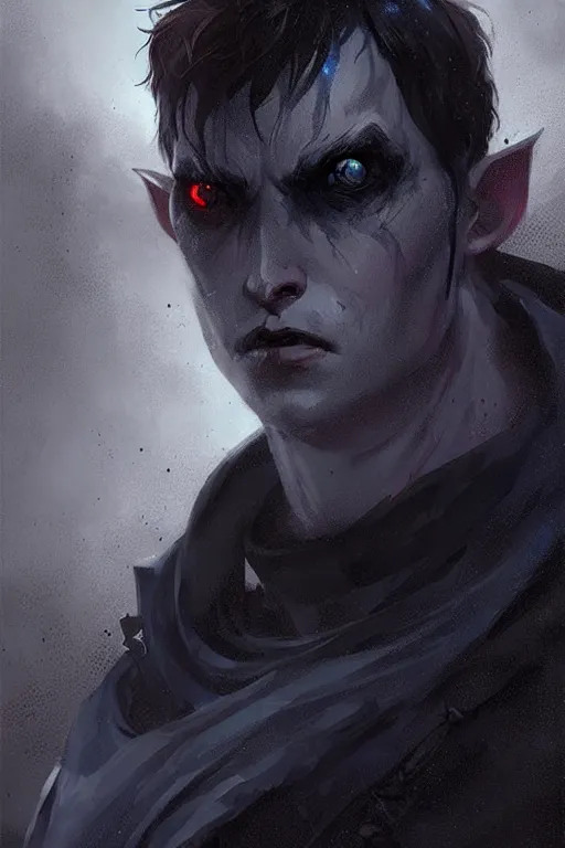 Image similar to sad dark blue tiefling boy with horns and dark hair and pitch black hollow eyes by Greg Rutkowski