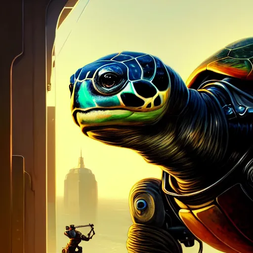 Image similar to highly detailed portrait turtle robot in gta v, stephen bliss, unreal engine, fantasy art by greg rutkowski, loish, rhads, ferdinand knab, makoto shinkai and lois van baarle, ilya kuvshinov, rossdraws, tom bagshaw, global illumination, radiant light, detailed and intricate environment