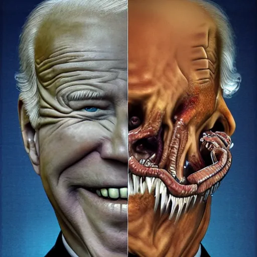 Image similar to bodyhorror portrait of biden who became an ugly retarded lovecraftian monstrosity, photo - realistic, color image, 2 k, highly detailed