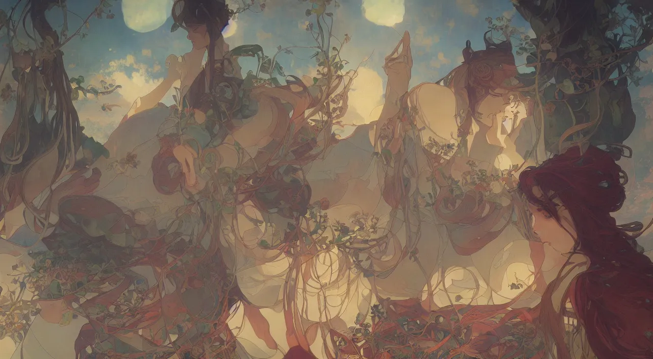 Prompt: A beautiful landscape painting of the future by Alfons Maria Mucha and Julie Dillon and Makoto Shinkai