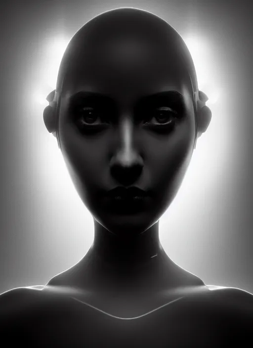 Image similar to surreal mythical dreamy dark artistic black and white fine art fashion portrait photo of a young beautiful delicate female metropolis robot loving the universe, spiritual, halo, glory, rim light, cinematic, studio dramatic light, poetic, masterpiece, octane render, 8 k, photo - realistic by william bouguereau man ray