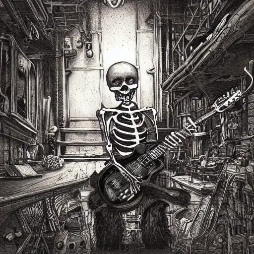 Image similar to skeleton wearing headphones, watching girl playing guitar while her black cat standing next to her, detailed intricate ink illustration, dark atmosphere, detailed illustration, hd, 4k, digital art, overdetailed art, by greg rutkowski, by loish, complementing colors, Trending on artstation