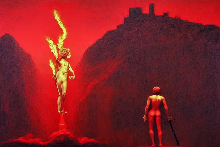 Image similar to only with red, a red melted apollo with a laurel wreath and a flaming sword announce win, athens in background, in the style of beksinski, parts by edward hopper, parts by rodcenko, parts by yue minjun, intricate and epic composition, red by caravaggio, insanely quality, highly detailed, masterpiece, red light, artstation, 4 k