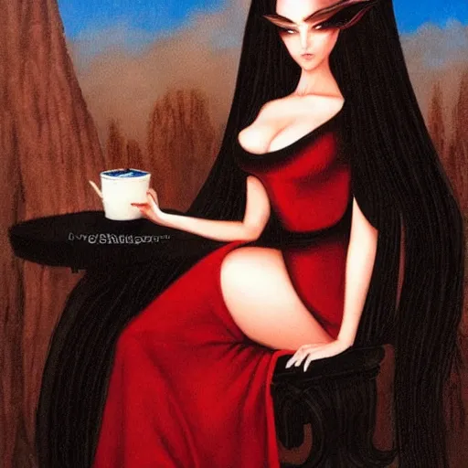 Image similar to fantasy painting of a beautiful dark princess, style of gerald brom, dark hair, black and red dress, blue eyes, sitting on a dark wooden throne, drinking coffee